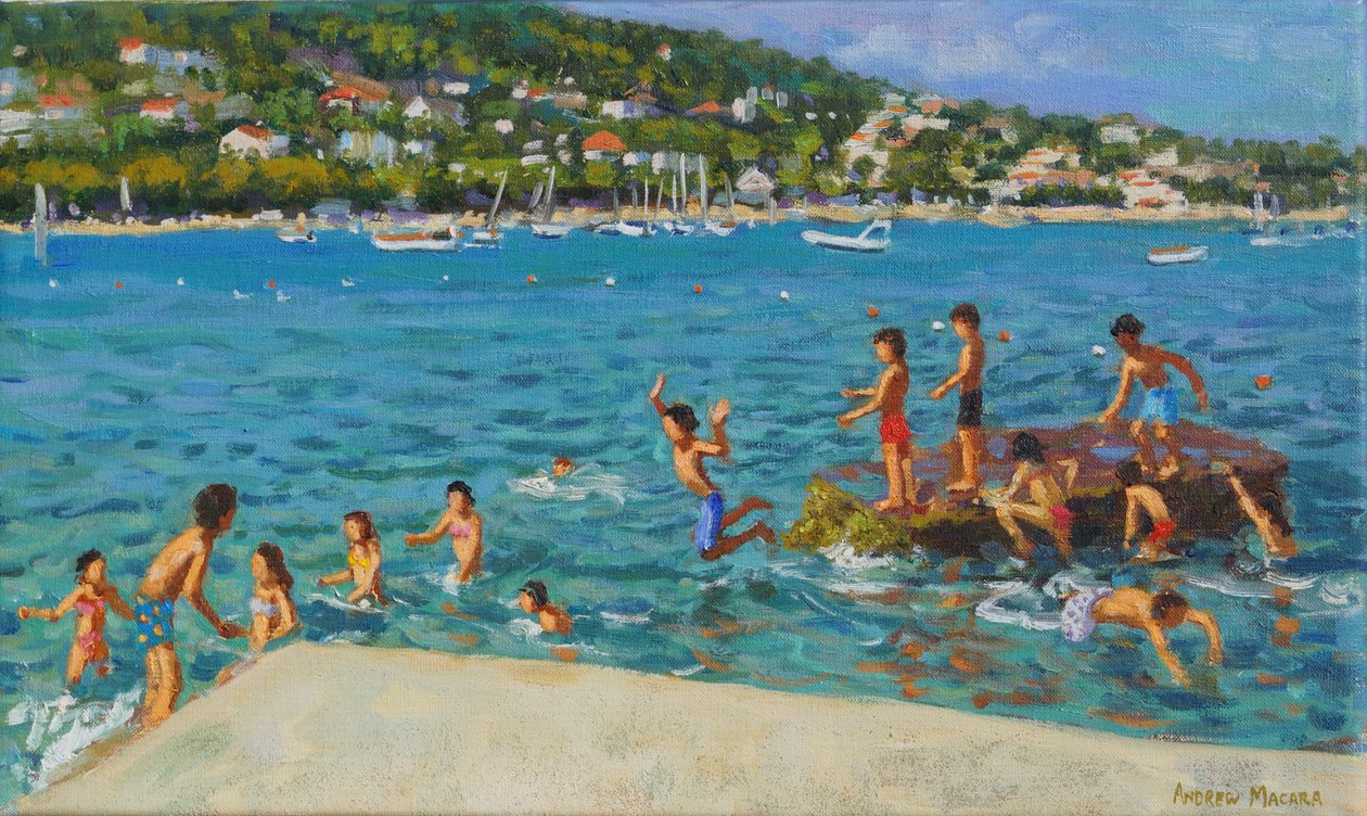 Kayalardan atlamak; Cinque Terre, Positano, İtalya, 2000 (tuval üzerine yağlı boya) by Andrew Macara