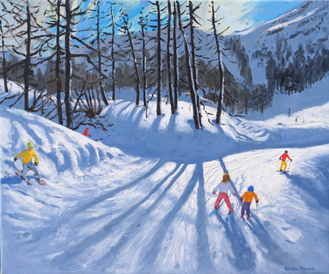 Uzun ağaç gölgeleri ve kayakçılar,Tignes, 2016-2019,(tuval üzerine yağlı boya) by Andrew Macara