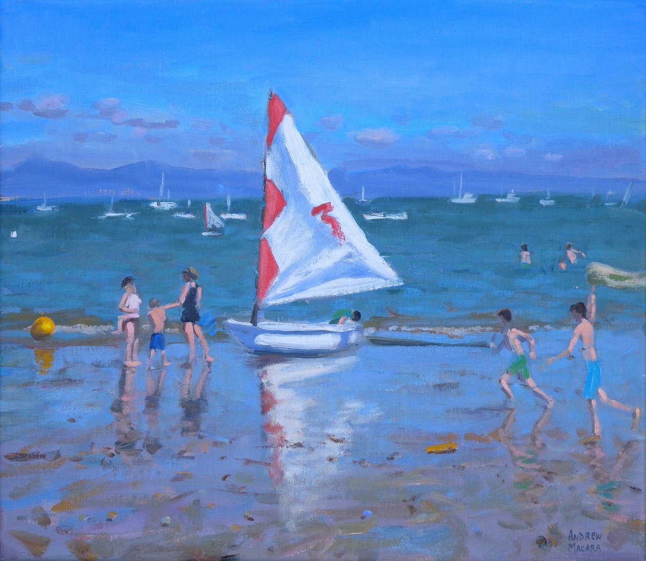 Kırmızı ve beyaz yelkenli ,Abersoch (tuval üzerine yağlıboya) by Andrew Macara