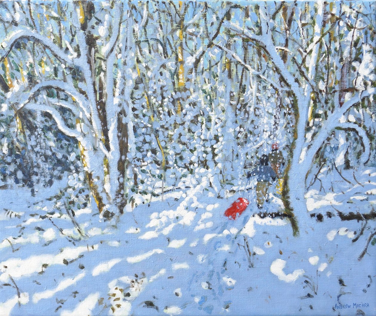 Kırmızı kızak, Allestree Park, Derby, 2022 (tuval üzerine yağlı boya) by Andrew Macara