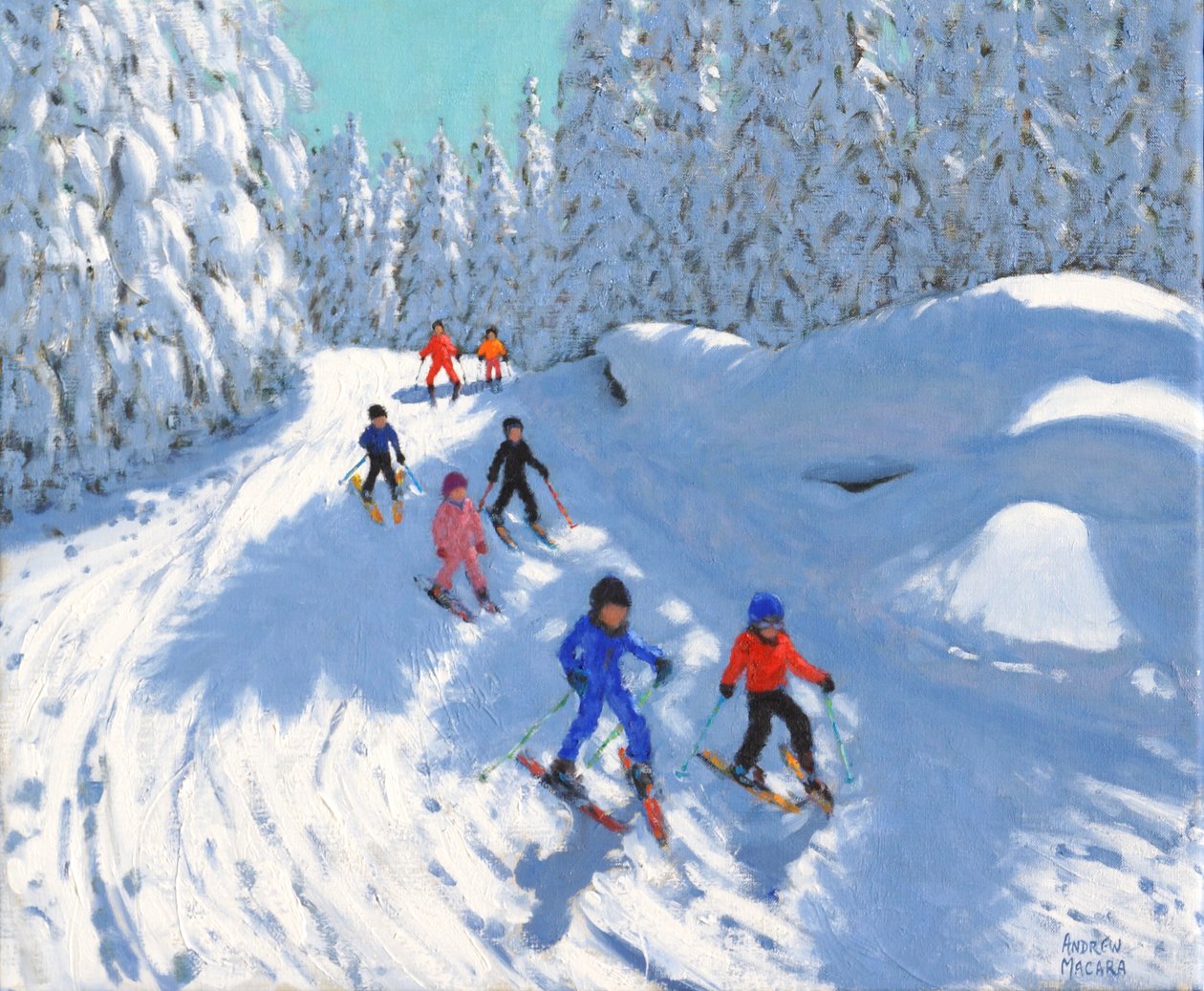 Patikada kayak yapmak , Courchevel , 2018, (tuval üzerine yağlı boya) by Andrew Macara