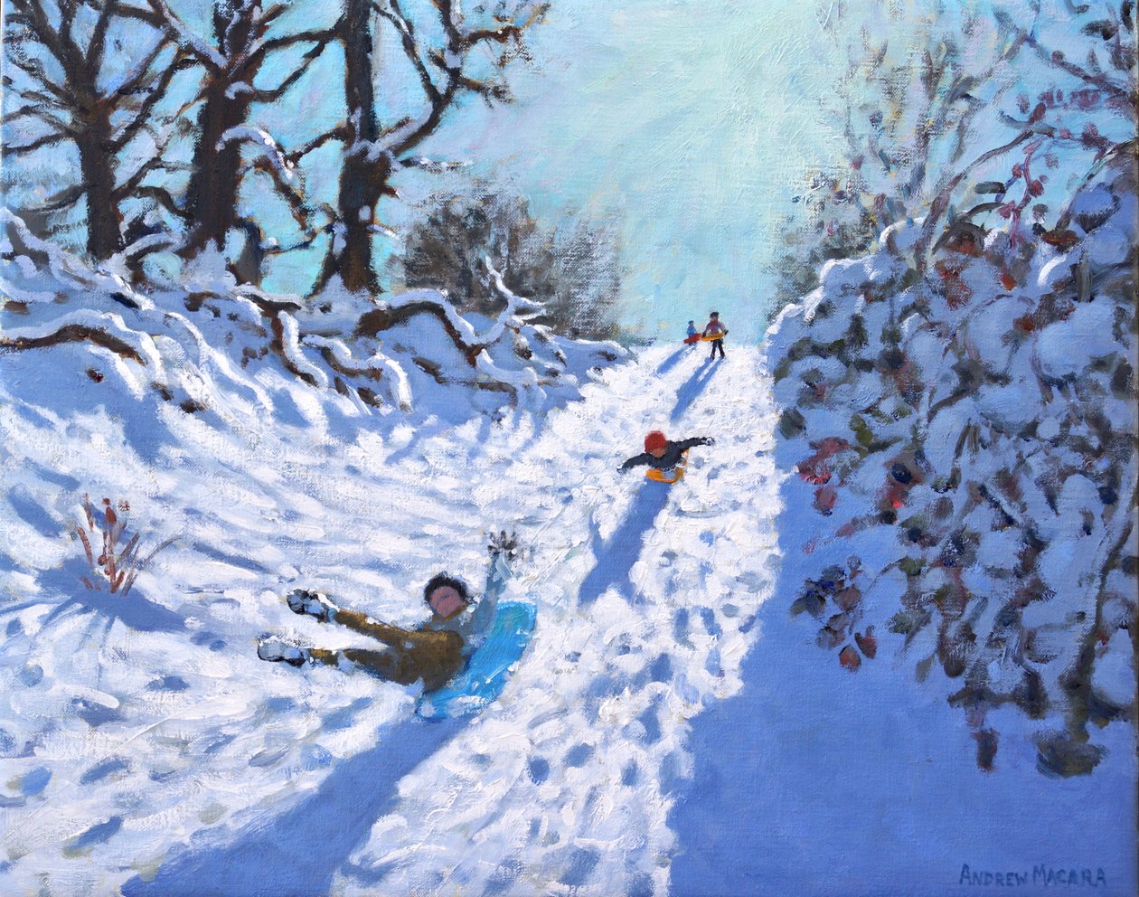 Sledging, Calke Abbey, Ticknall, Derby, 2021 (tuval üzerine yağlı boya) by Andrew Macara