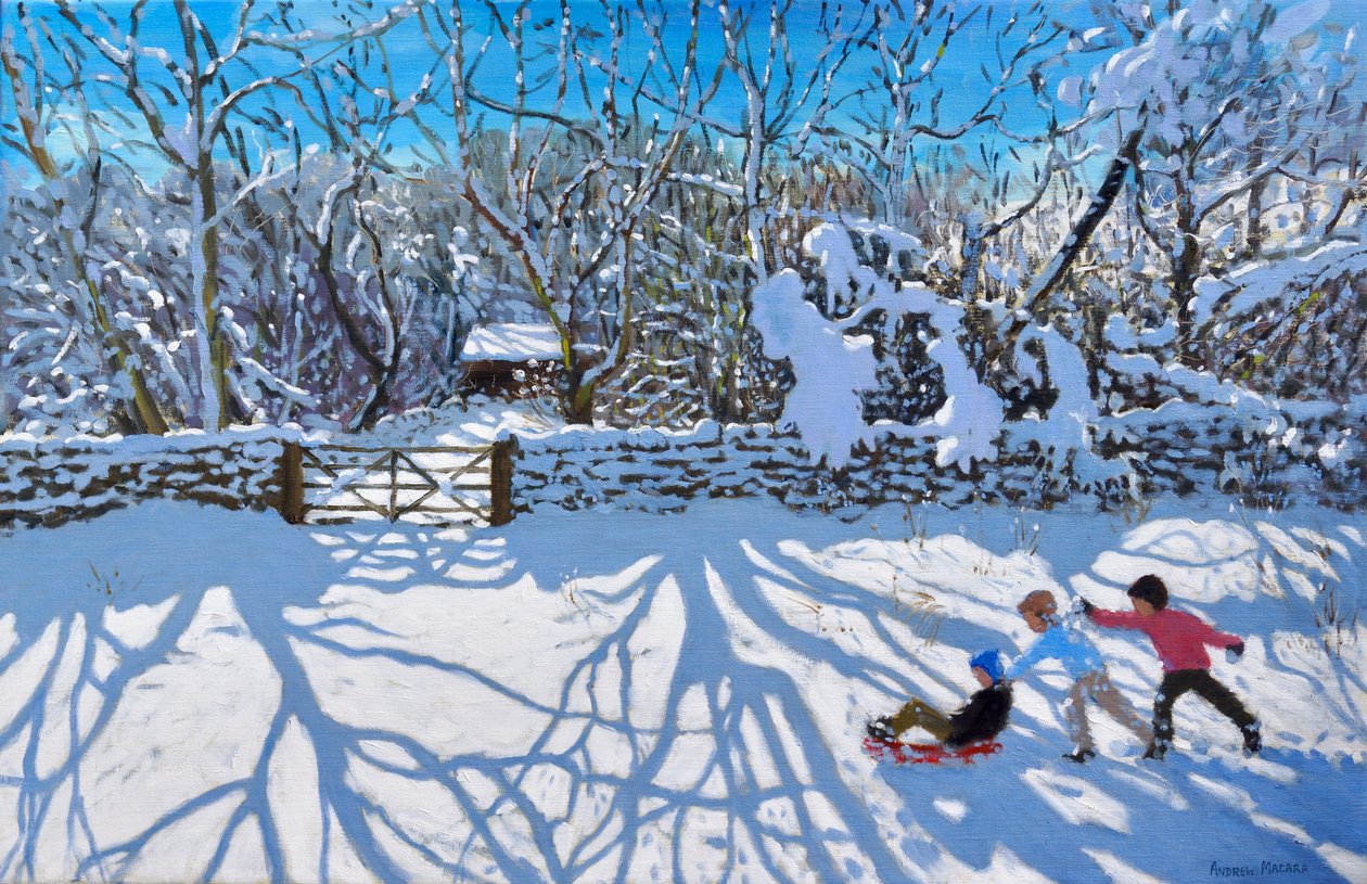 Sledging, Gambols Lane, Dovehead, High Peak, Derbyshire, 2021 (tuval üzerine yağlı boya) by Andrew Macara