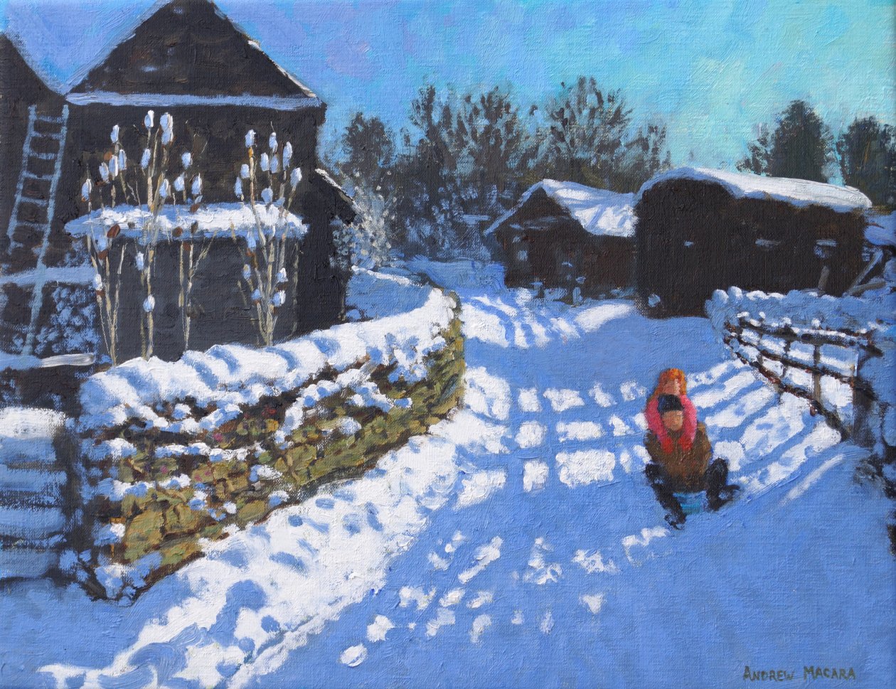 Dovedale ve Thorpe yakınlarındaki Wintercroft Lane yakınında kızak. Ashbourne, 2021 (tuval üzerine yağlıboya) by Andrew Macara