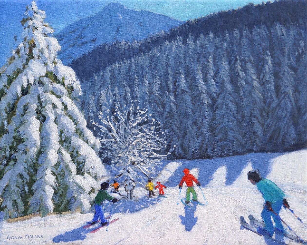 Karla kaplı ağaçlar, La Clusaz, Fransa, 2015, (tuval üzerine yağlı boya) by Andrew Macara
