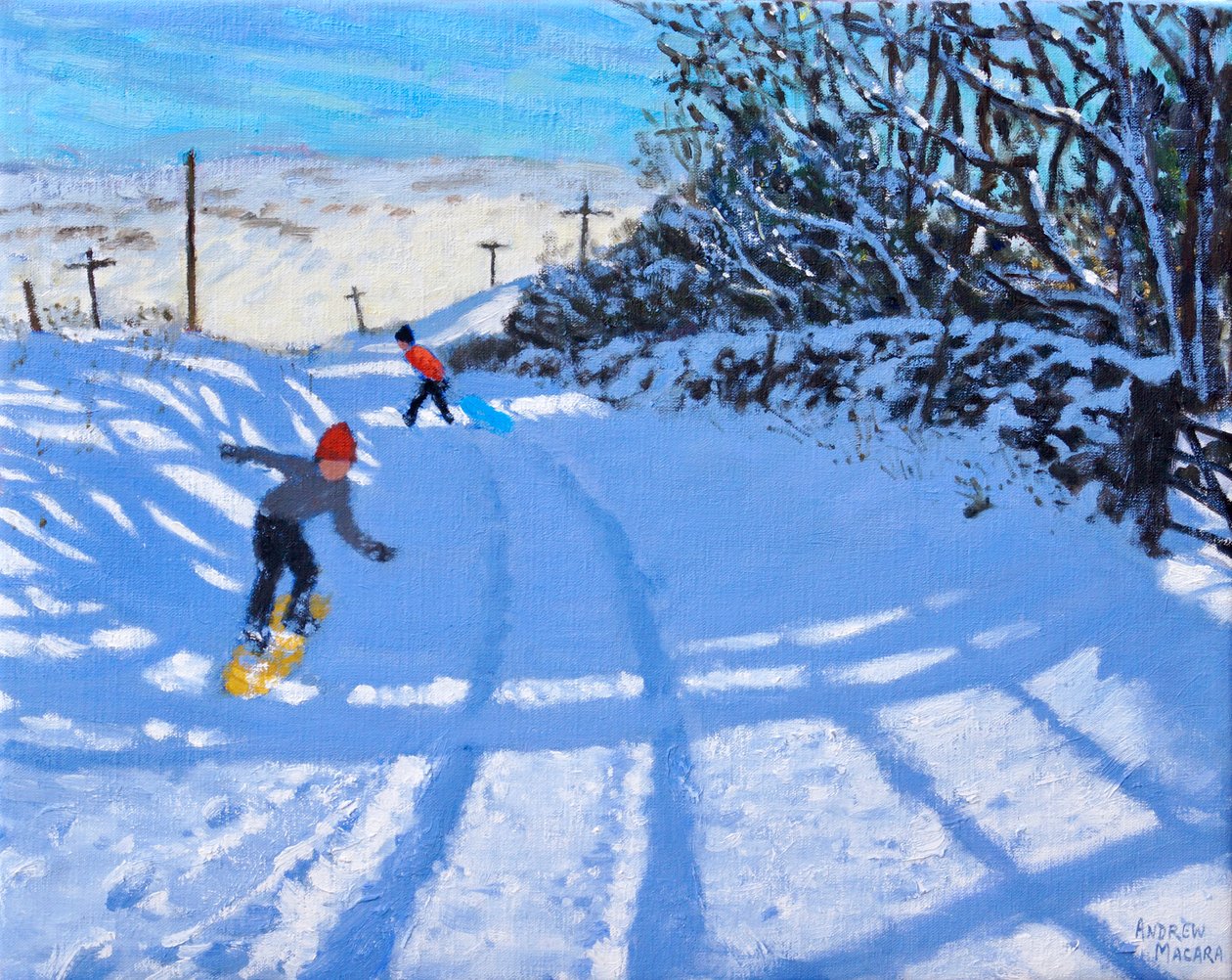 Snowboardcu, Dove Head, Derbyshire, tuval üzerine yağlıboya) 2021 by Andrew Macara