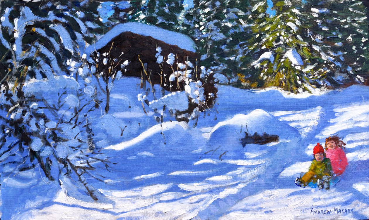 Bir kızakta iki, The Orchard, Morzine, (tuval üzerine yağlı boya) by Andrew Macara