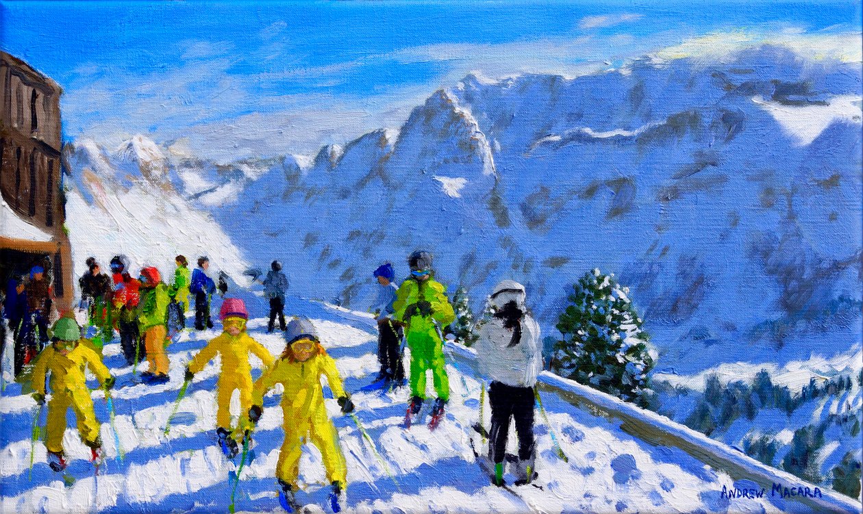 Sarı genç kayakçılar, Val Gardena İtalya.12x20 by Andrew Macara