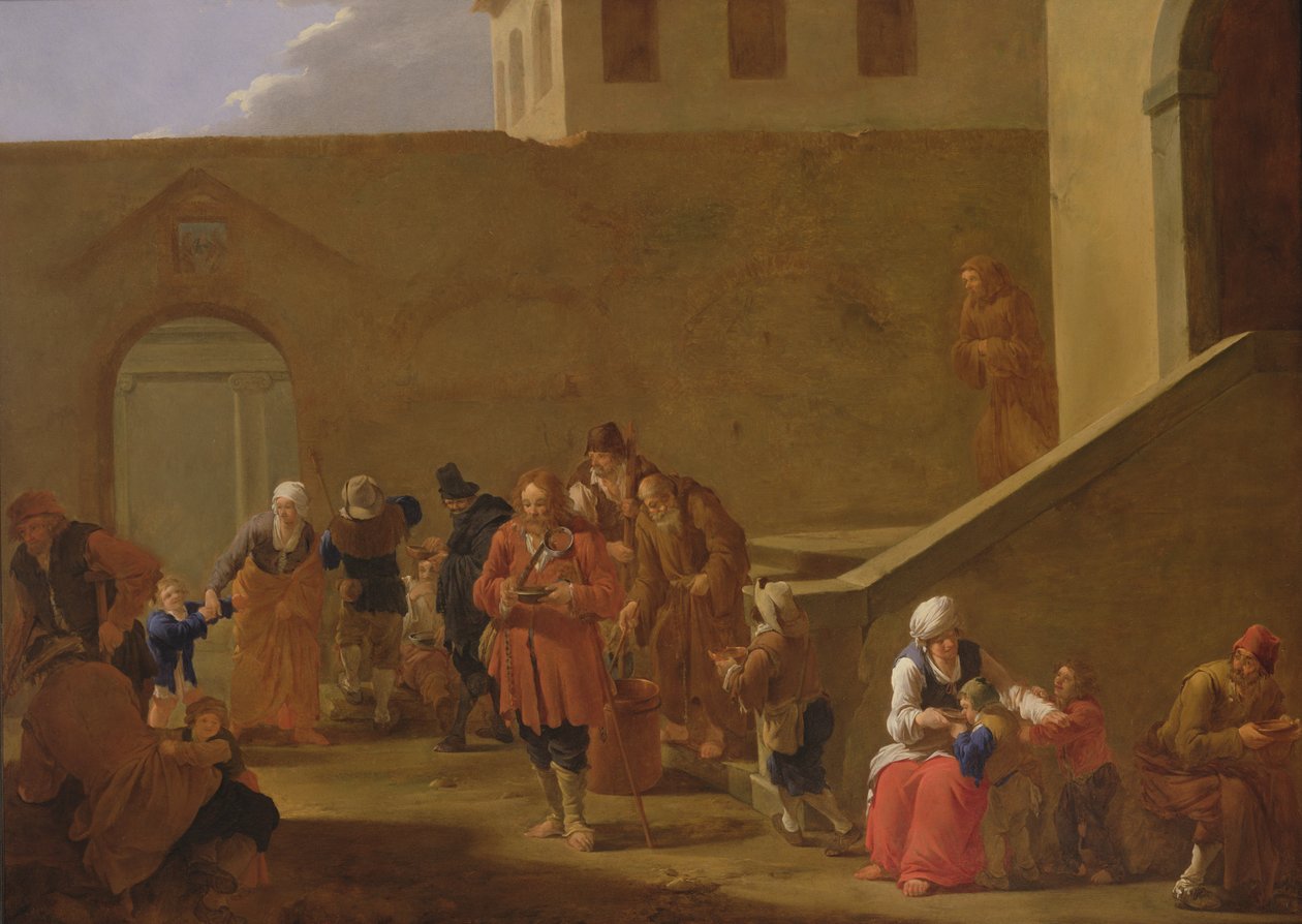 Keşişlerin yoksullara yiyecek dağıttığı sokak sahnesi (gümüş bakır üzerine yağ) by Andries Both