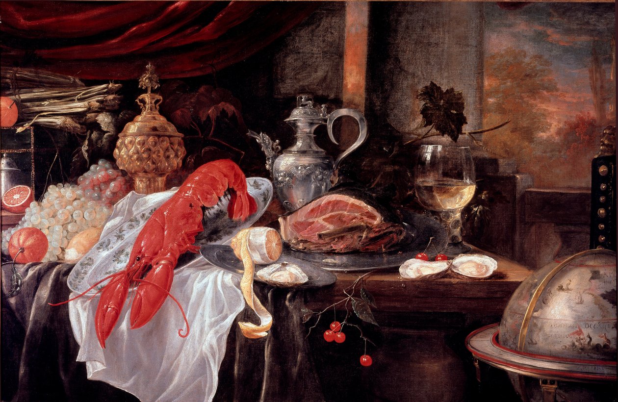 Istakoz, Jambon, Gümüş Eşya ile Natürmort Resim Andrea Benedetti (1620-?) Faenza, Pinacoteca Comunale by Andries Benedetti