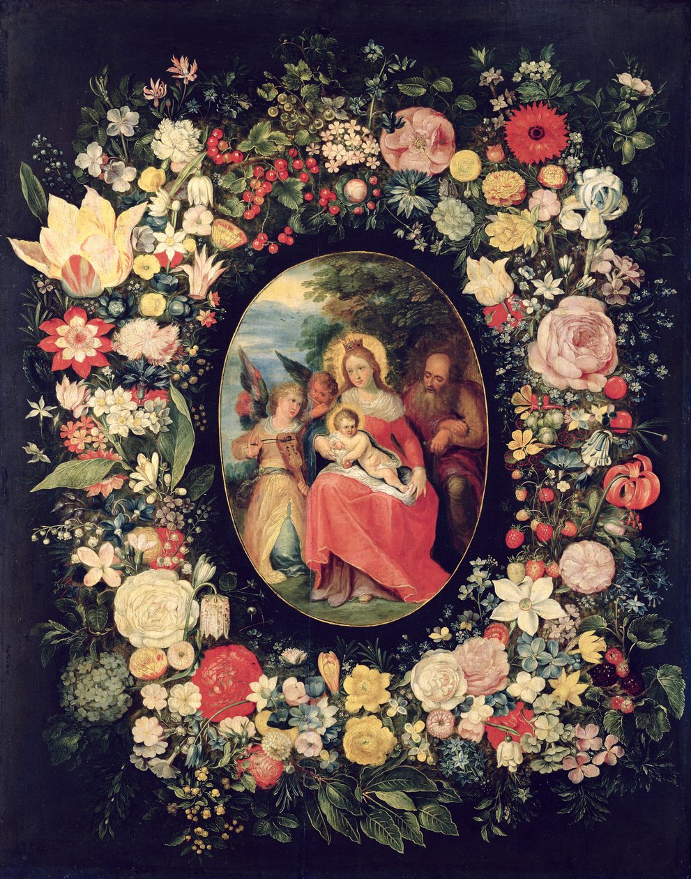 Çiçeklerden Bir Çelenkle Çerçeveli Kutsal Aile, by Andries Daniels or Danielsz