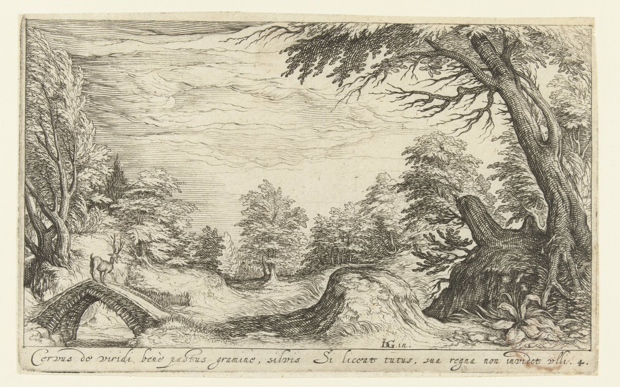 Bir köprüde bir geyik ile manzara Manzaralar (dizi başlığı) by Andries Jacobsz. Stock