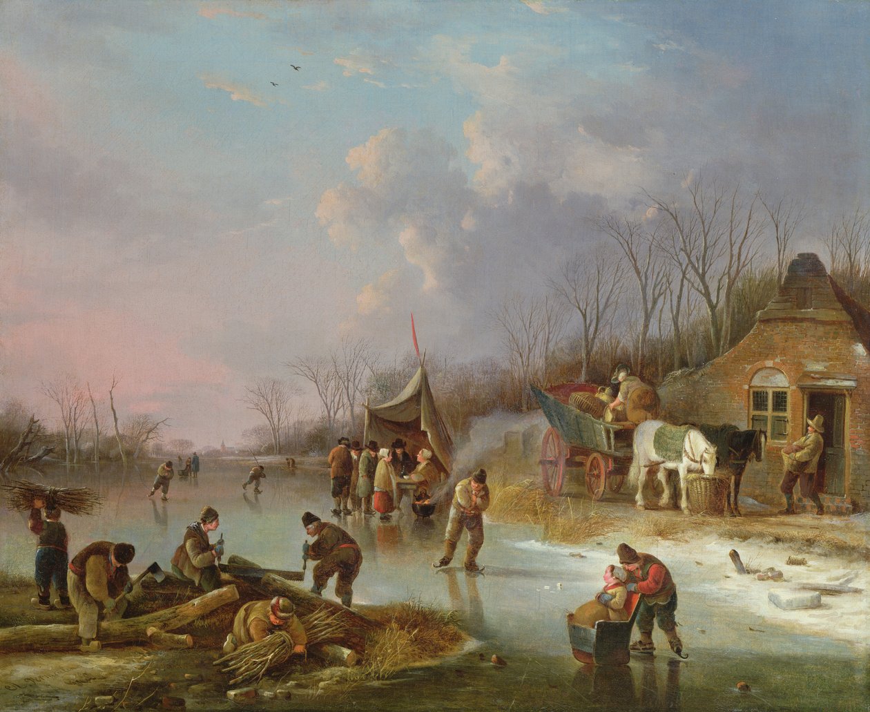 Donmuş bir nehir üzerinde Hollandalı Köylüler by Andries Vermeulen