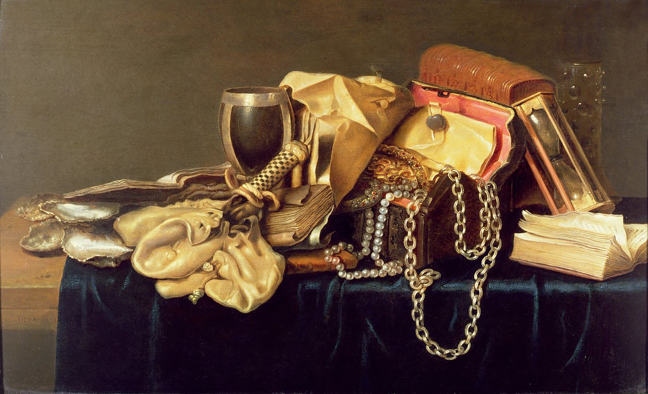 Natürmort Bir Mücevher Tabutu, Kitaplar ve İstiridye by Andries Vermeulen