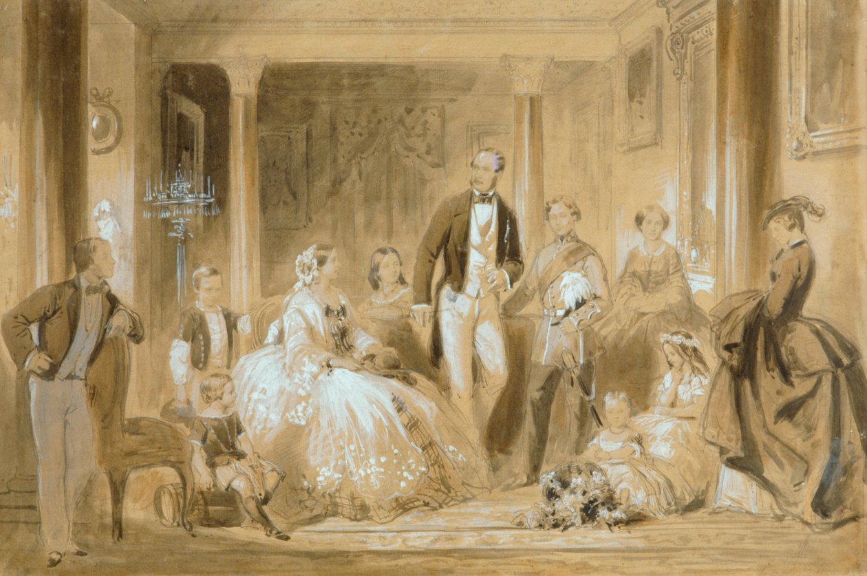 Osborne House'daki Yemek Odasında Kraliyet Ailesi (kağıt üzerine yıkamalı kalem) by Ange Louis (1815 72) Janet