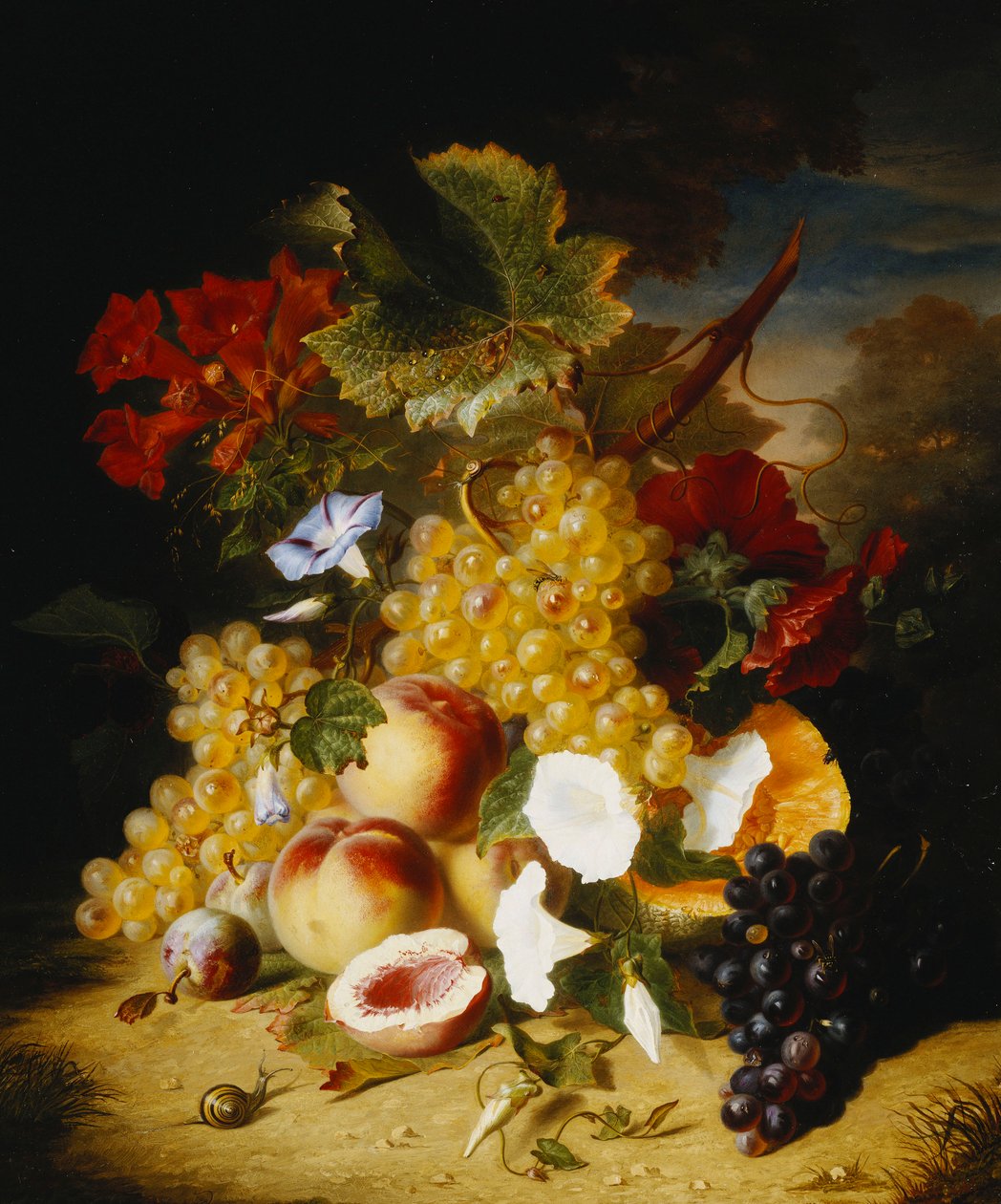Peyzajda Şeftali, Üzüm, Kavun, Convulvuli ve Diğer Çiçekler, by Ange Louis Guillaume Lesourd Beauregard