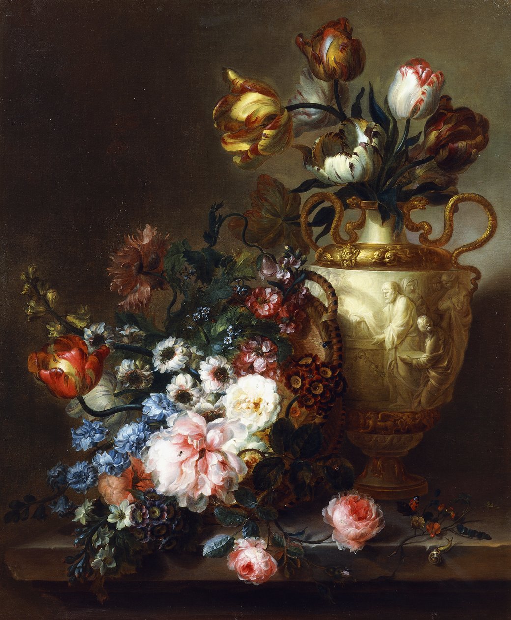 Vazoda Laleler ve Taş Çıkıntıda Sepette Güller, by Ange Louis Guillaume Lesourd Beauregard