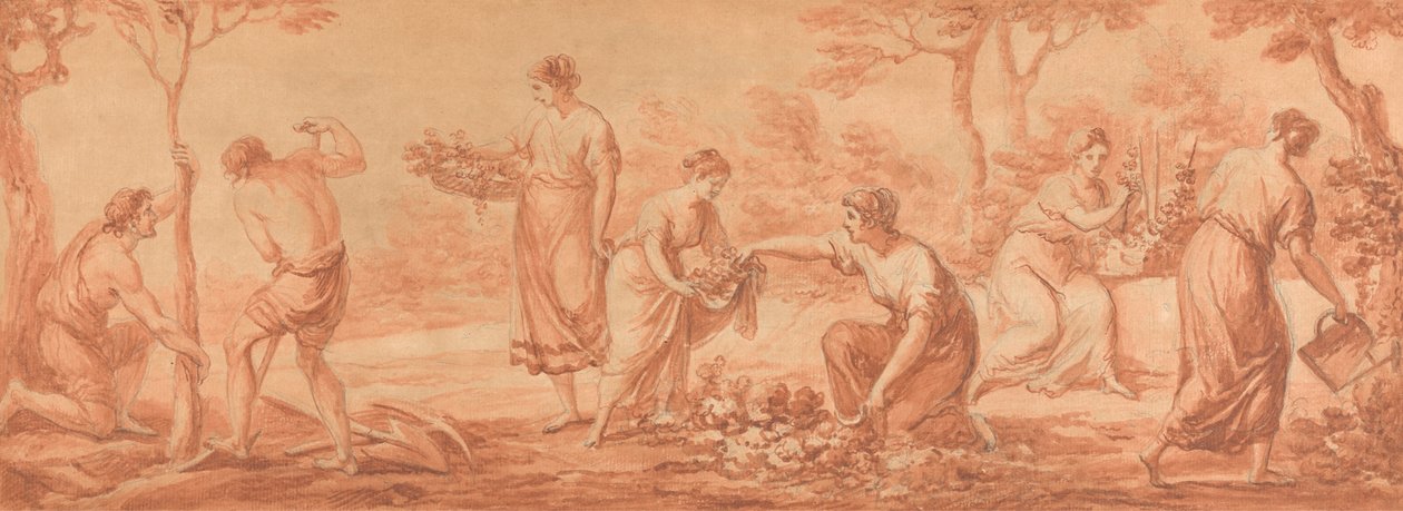 Bir Friz: Ağaç Diken Erkekler, Çiçek Toplayan ve Çiçekleri Sulayan Kadınlar by Angelica Kauffmann