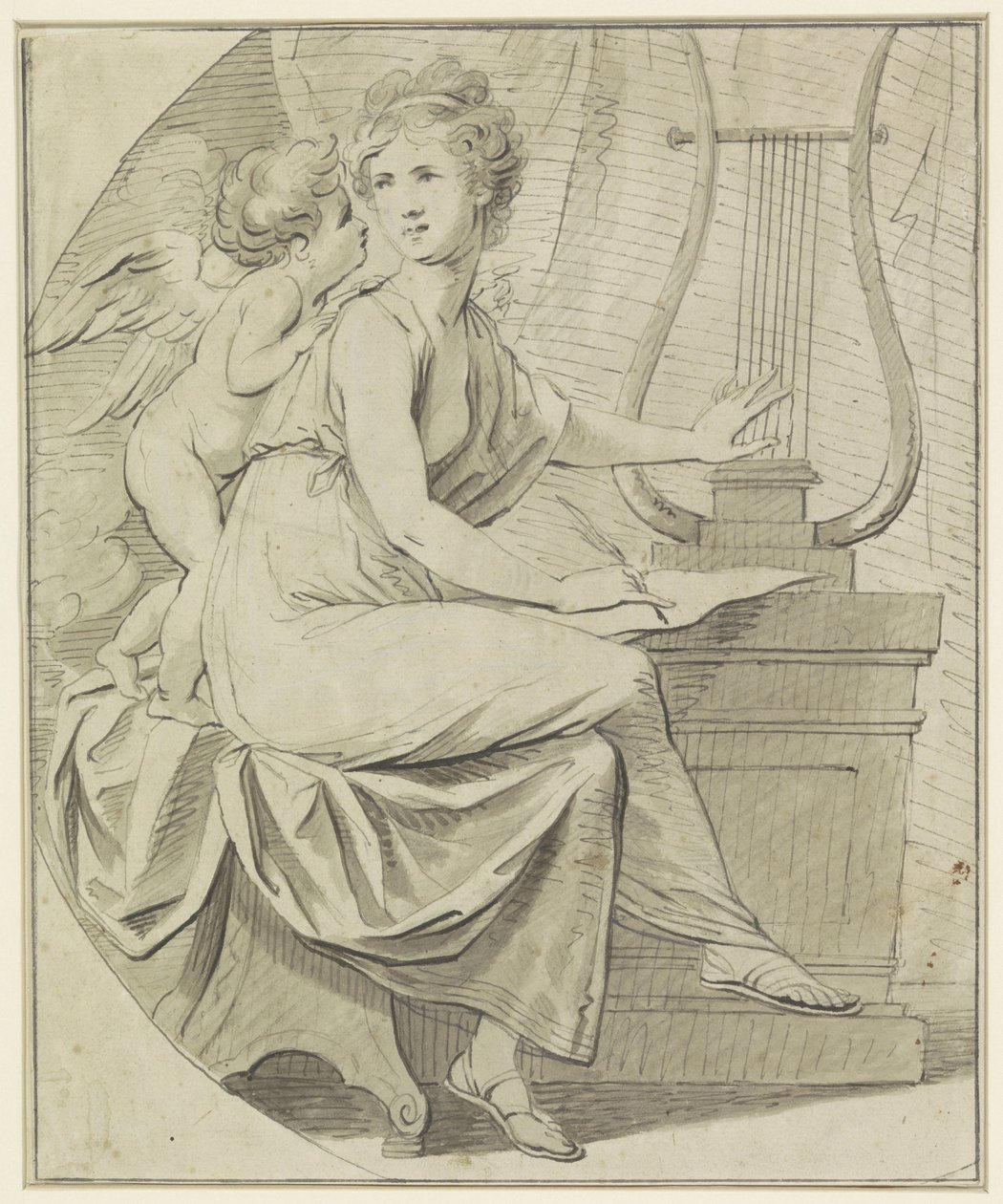 Amor, bir eliyle lir çalan ve diğer eliyle yazan genç bir kadına ilham verir. by Angelica Kauffmann