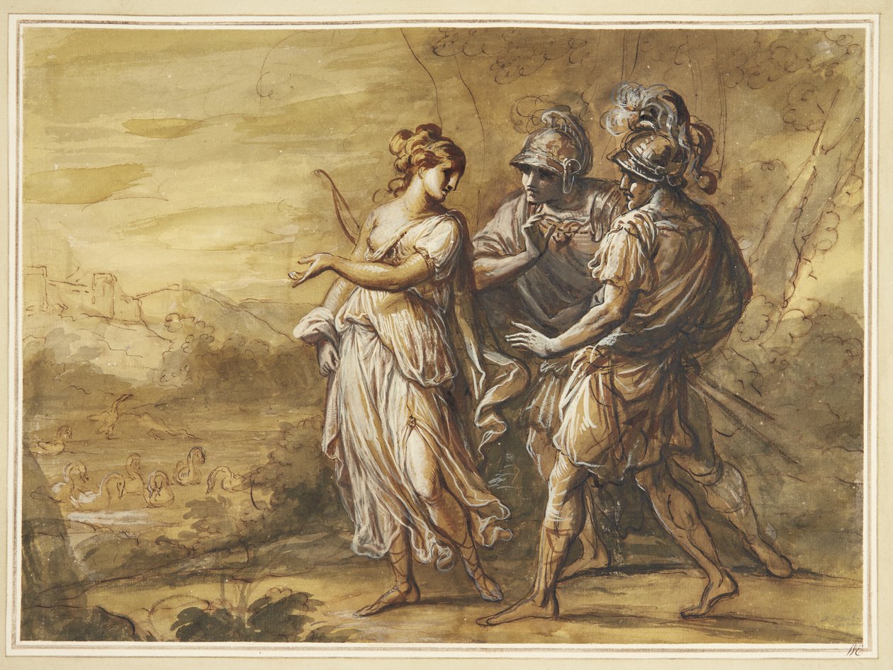 Mitolojik sahne. İki silahlı adam karşı karşıya yay ile genç kadın by Angelica Kauffmann
