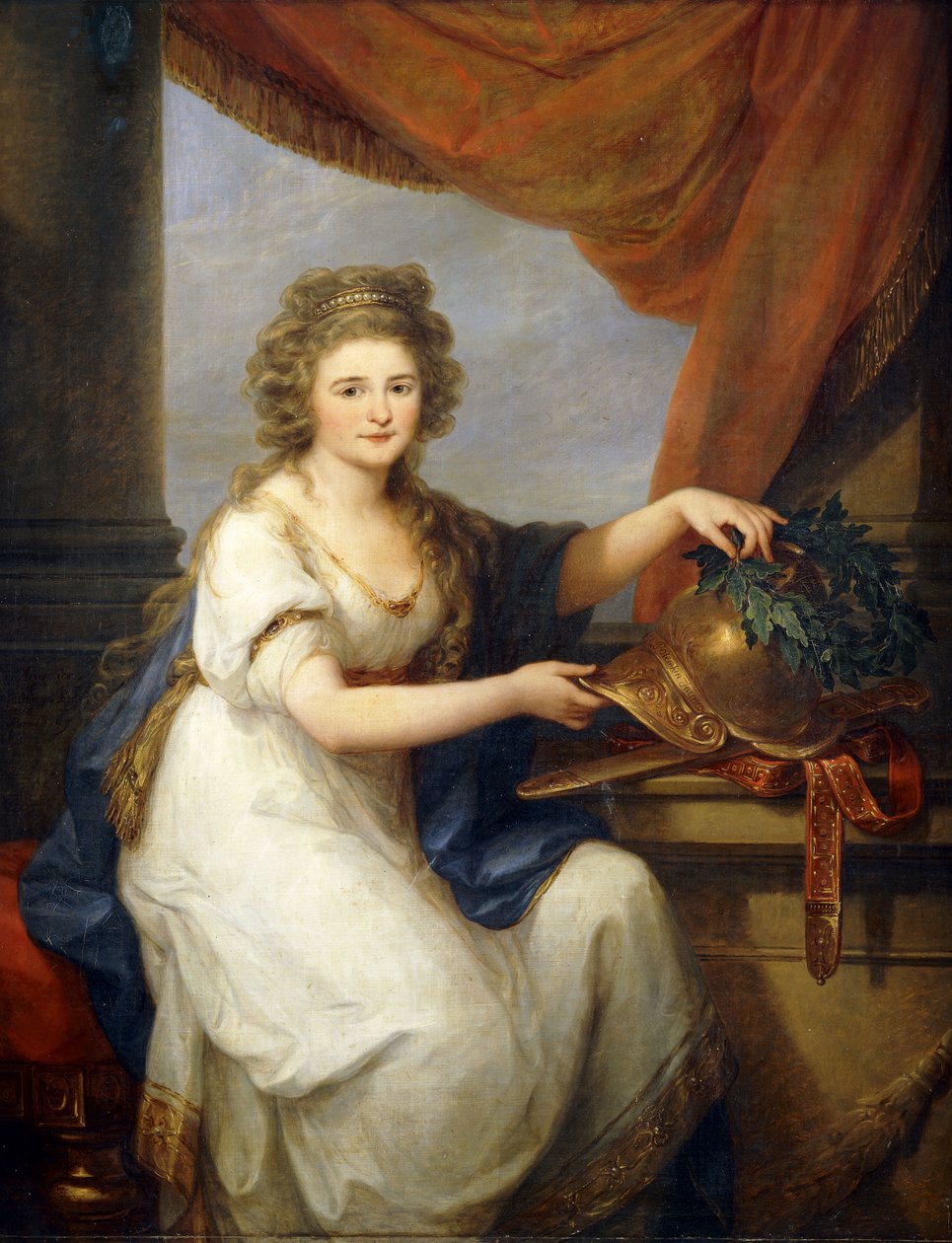 Kontes Catherine Skavronska, Üç Çeyrek Boyda Oturan, Neo-Klasik Elbiseli, Drapeli Perdenin Yanında, Miğferi Süsleyen, Yazılı "Potemkin Taurico", Çelenk ile Portresi, 1789 by Angelica Kauffmann