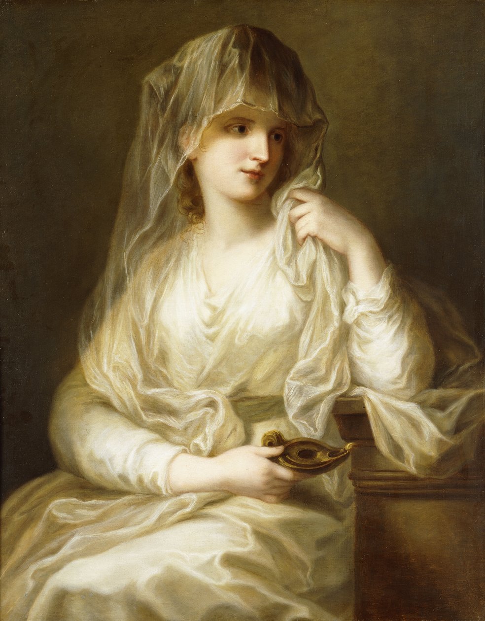 Tuccia, Vestal Bakire, üç çeyrek boyunda, elinde bir lamba, by Angelica Kauffmann