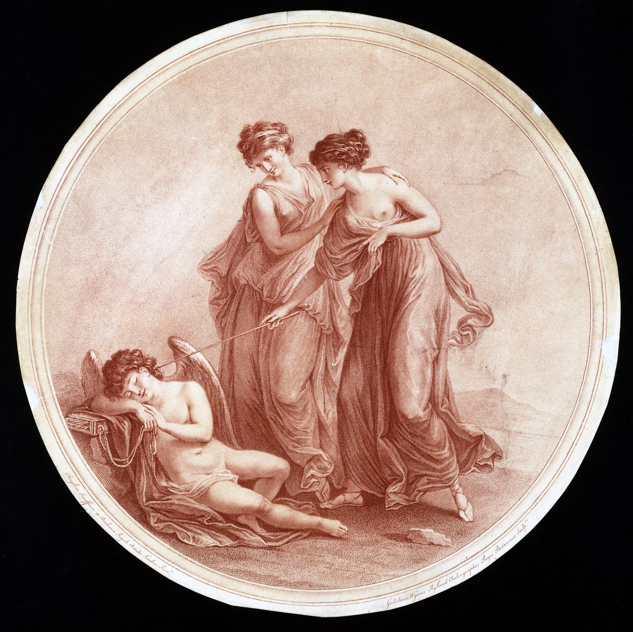 Graces Awakening Cupid, William Wynne Ryland (1732-83) 1776 tarafından oyulmuş (kırmızı noktalı gravür) by Angelica after Kauffmann
