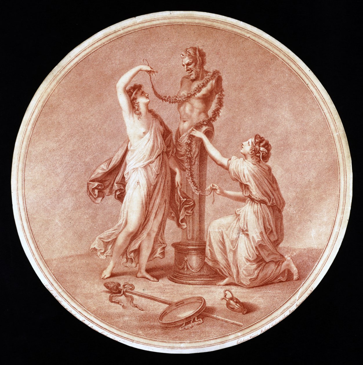 Pan Heykelini Süsleyen Periler, William Wynne Ryland (1732-83) 1776 (kırmızı noktalı gravür) tarafından oyulmuş by Angelica after Kauffmann