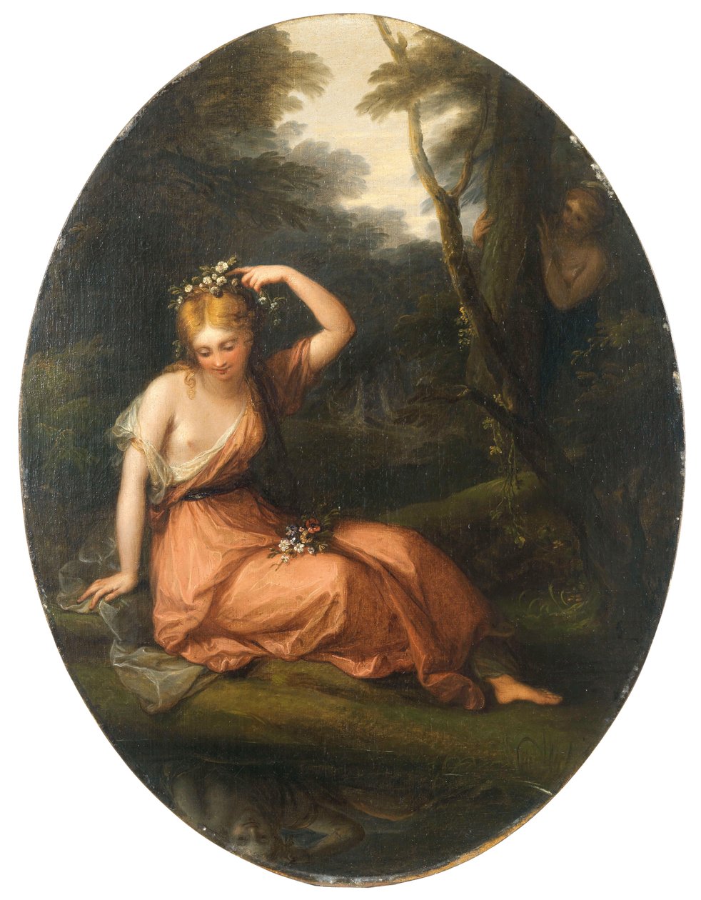Daphne tarafından gözlemlenirken kendini çiçeklerle süsleyen Silvia, 1783. by Angelica Kauffmann