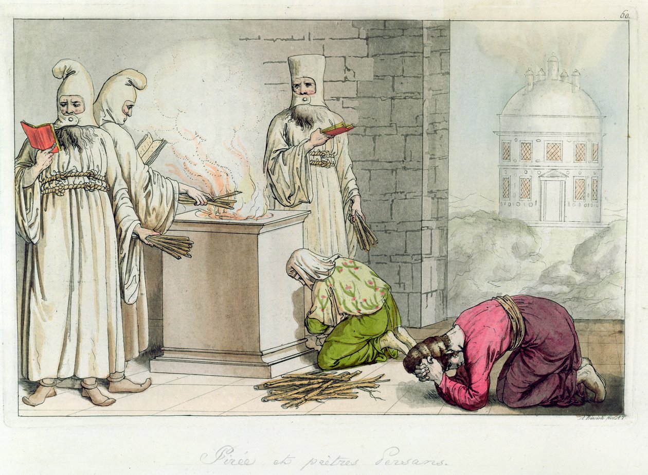 Pers rahipleri ile ateş, Giulio Ferrario tarafından 'Il Costumo Antico e Moderno'dan illüstrasyon, Milano, 1819-1834 by Angelo Biasioli