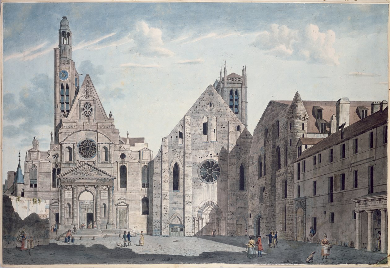 St. Genevieve ve St. Etienne du Mont Kiliselerinin cepheleri, Paris, c.1800 (kağıt üzerinde kalem ve mürekkep ve tuvalet) by Angelo Garbizza