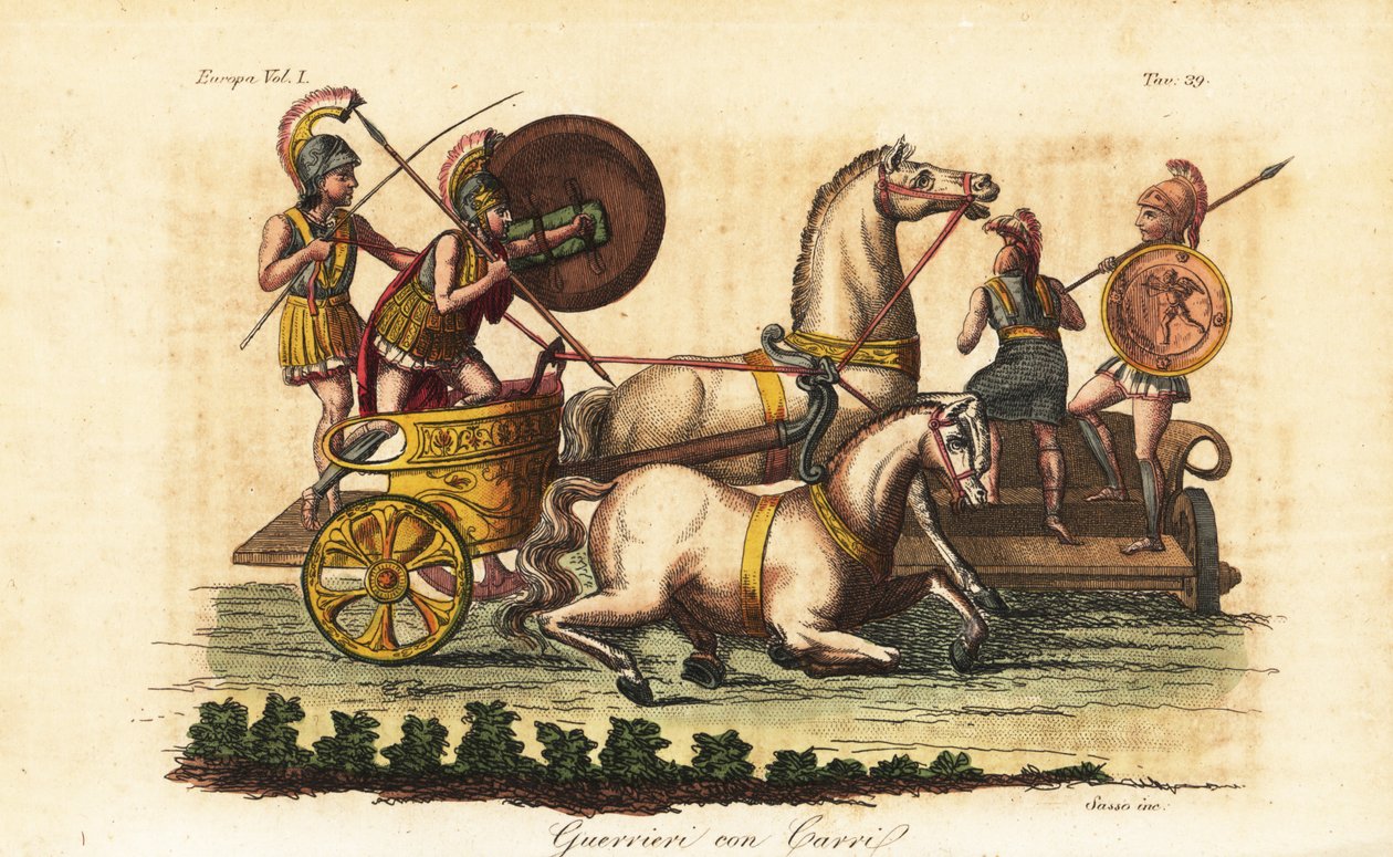 Bir biga veya iki atlı arabaya binen boyalı kalkanları olan antik Yunan savaşçıları by Angelo (after) Monticelli