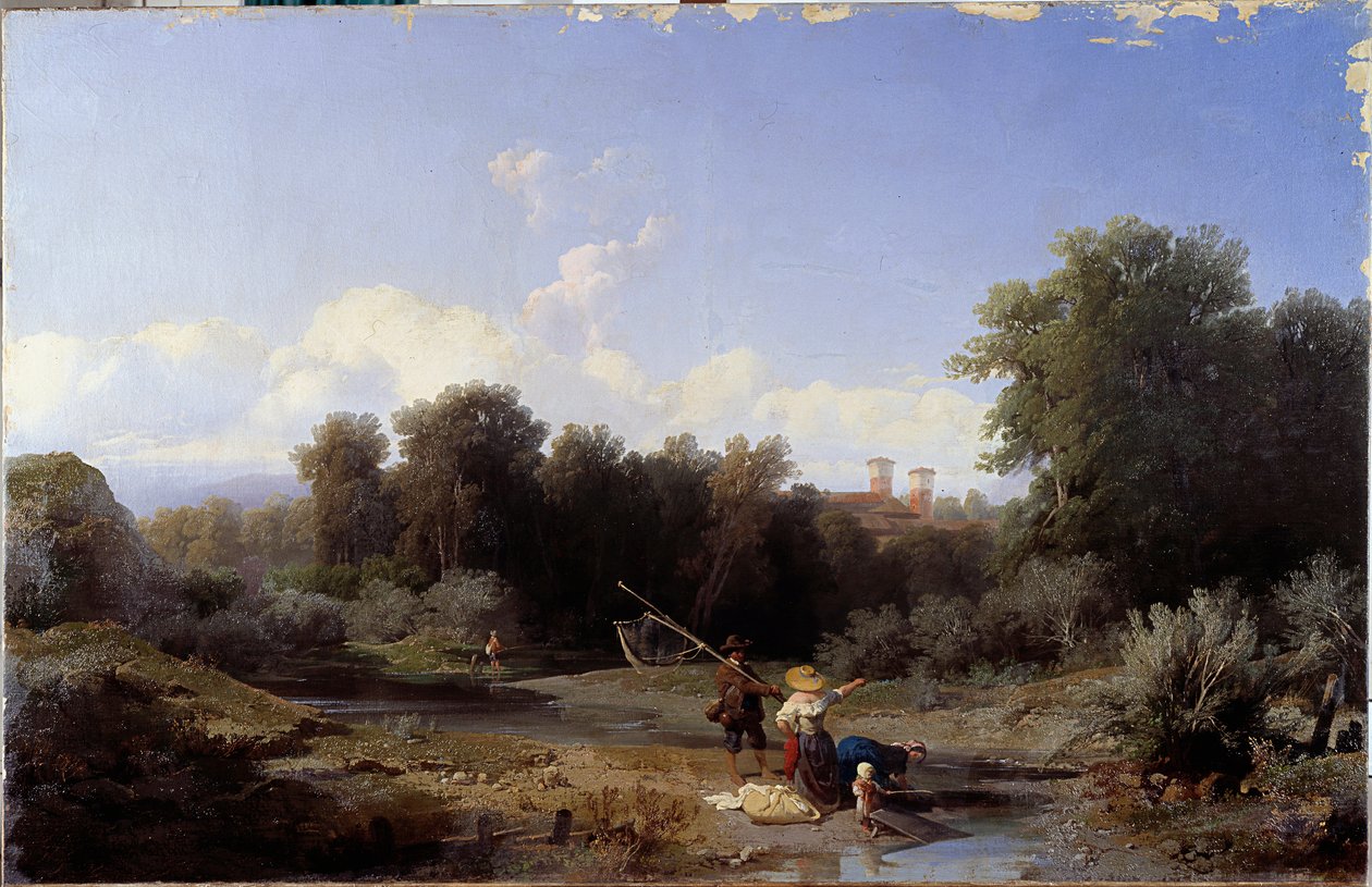 Manzara veya “” Balık Tutma” (Nehirde Balık Tutma) Tablo Angelo Beccaria (1820-1897) 1855 Soluk 94x146 cm Genes, Galleria d