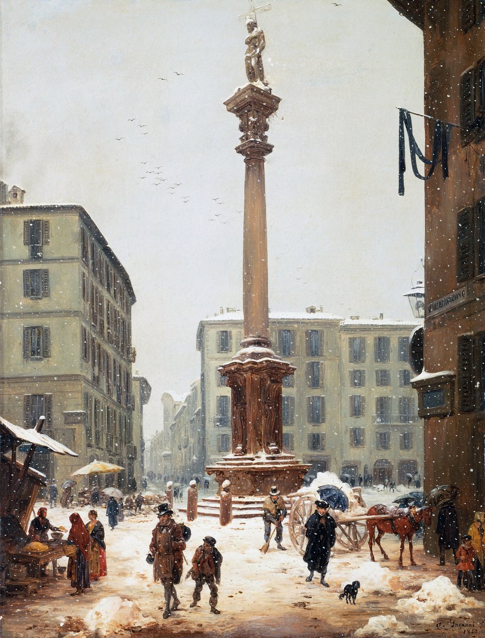 Milano'daki San Bernardino'nun eski caddesinden görülen Verziere'deki (manav pazarı) Kurtarıcı sütunu by Angelo Inganni