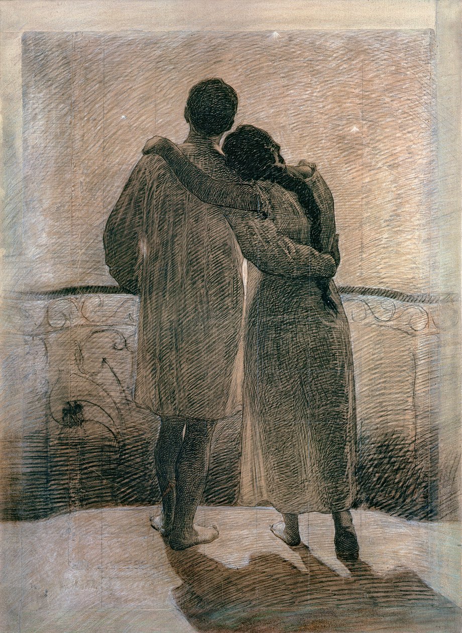 Genç Çift, Rüya ve Gerçek Üçlüsünden orta panel, 1905 (kağıt üzerine kurşun kalem ve karakalem) by Angelo Morbelli
