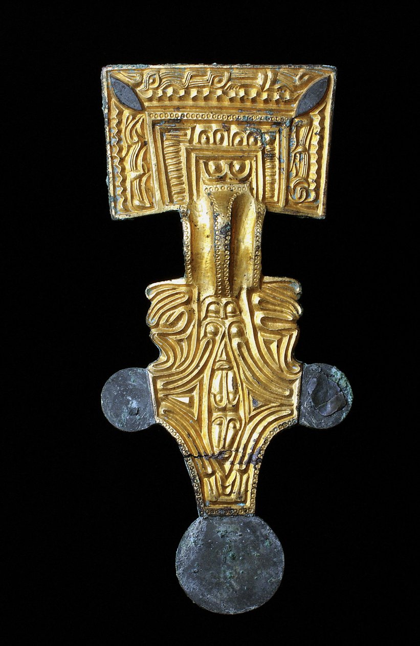Uzun yaldızlı bronz kare başlı broş (bakır alaşımı, altın, yaldızlı) by Anglo Saxon