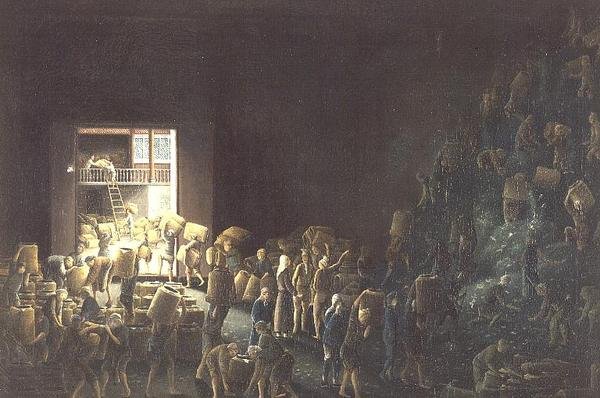Çay sandıklarının doldurulması; ve ilk işlemde çay imalatı, c.1820 (bir çift) c.1820 by Anglo Chinese School