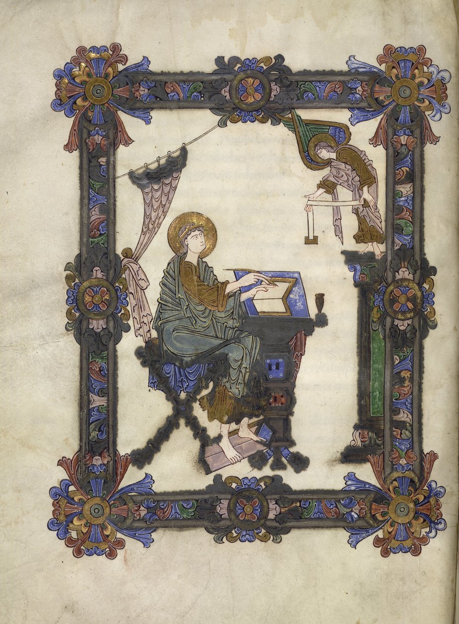 34890 f.10v St. Matthew, Winchester School, c.1020 (parşömen) ekleyin by Anglo Saxon