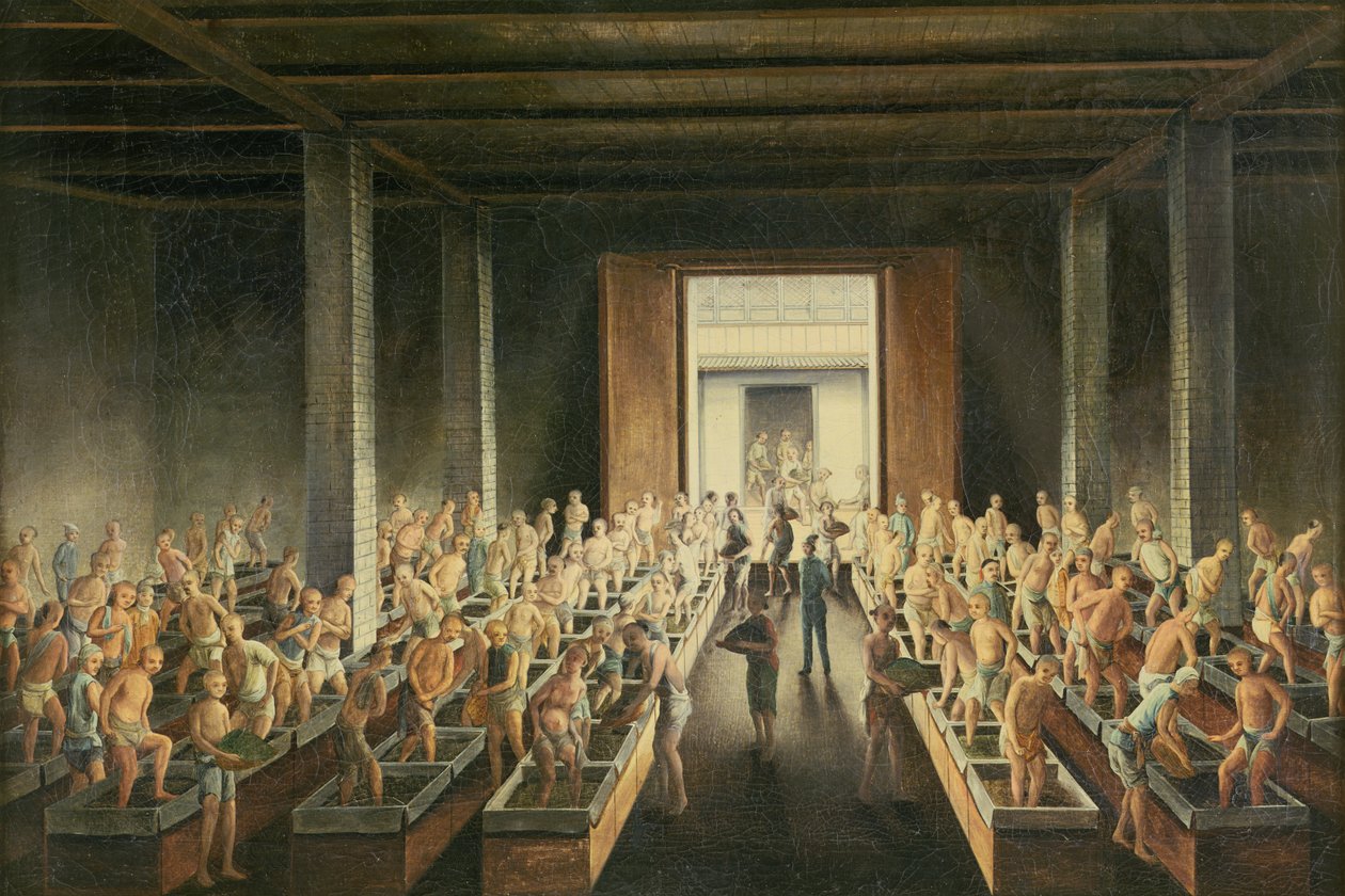 Çay sandıklarının doldurulması; ve ilk işlemde çay imalatı, c.1820 by Anglo Chinese School