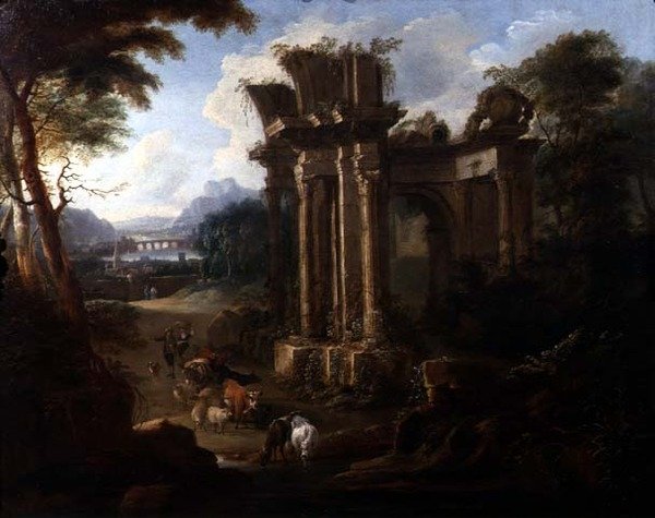 Sığırını Sulayan Bir İnek Çobanı ile Klasik Manzara, c.1720 (tuval üzerine yağlı boya) by Anglo Flemish School