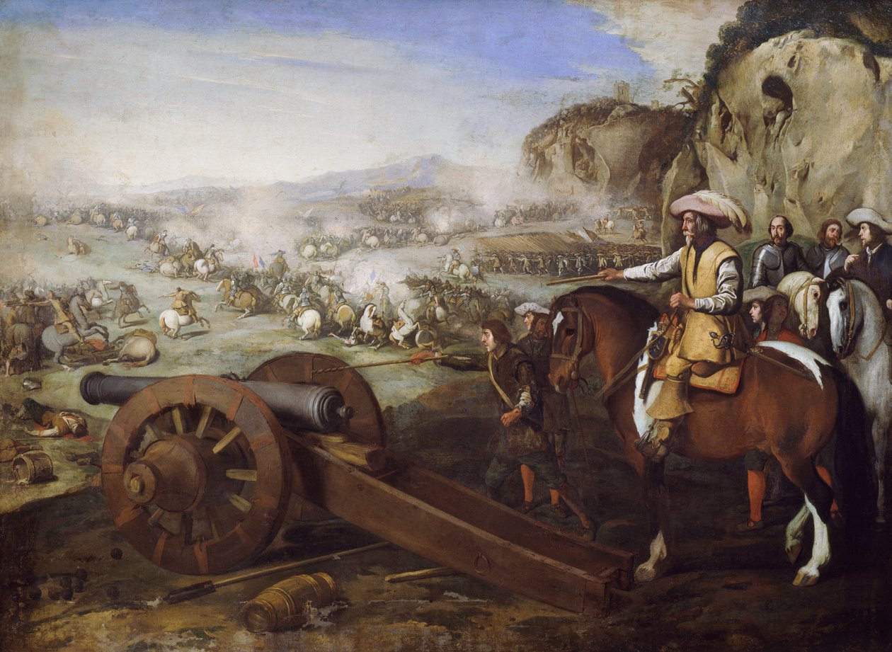 Savaş sırasında top ateşlemeyi emreden at sırtındaki kaptan, resim Aniello Falcone (1607-1656), tuval üzerine yağlı boya, 94x131 cm by Aniello Falcone
