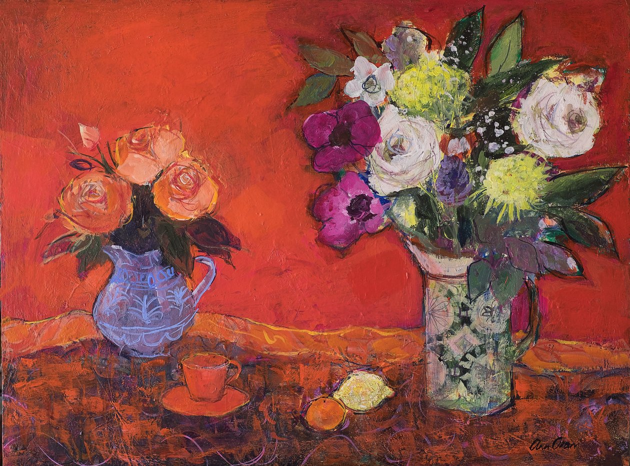 Kırmızı Üzerine İki Sürahi Çiçek, 2019 (Akrilik) by Ann Oram