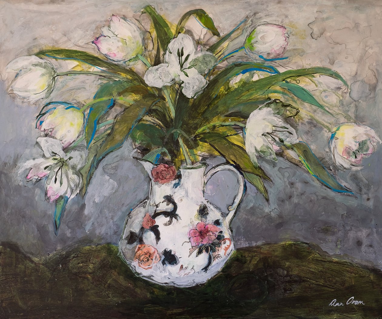 Demir Taş Sürahide Beyaz Laleler, 2019 (Akrilik) by Ann Oram