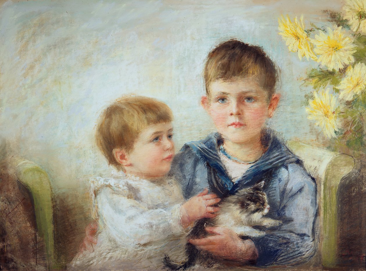 Yavru Kedili Bir Erkek ve Kız, 1889 (kağıt üzerinde pastel) by Anna Lea Merritt