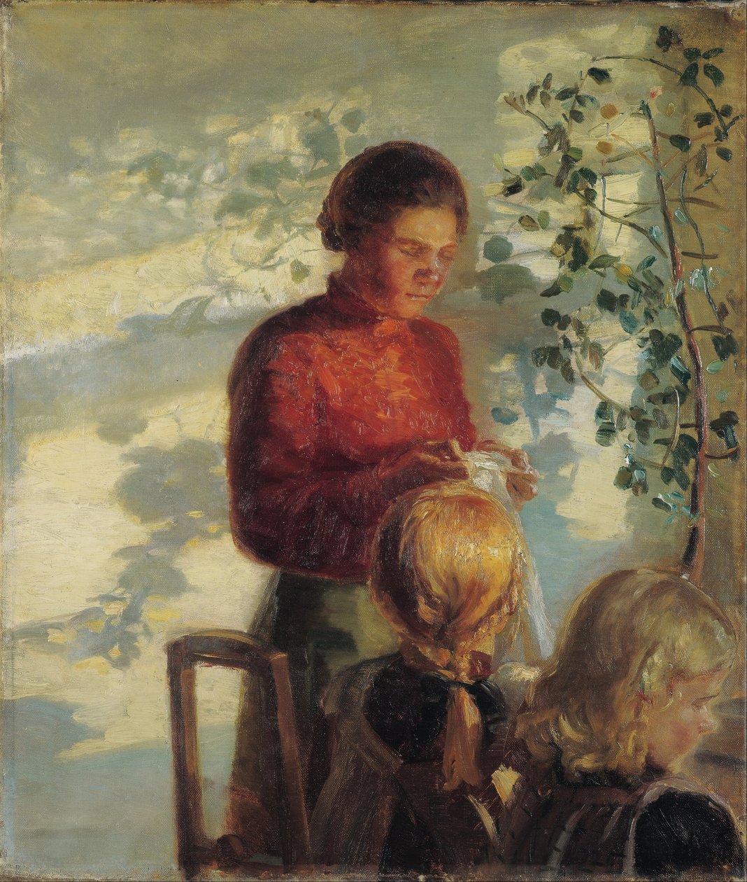 Dikiş dikmeyi öğreten iki küçük kız by Anna Ancher