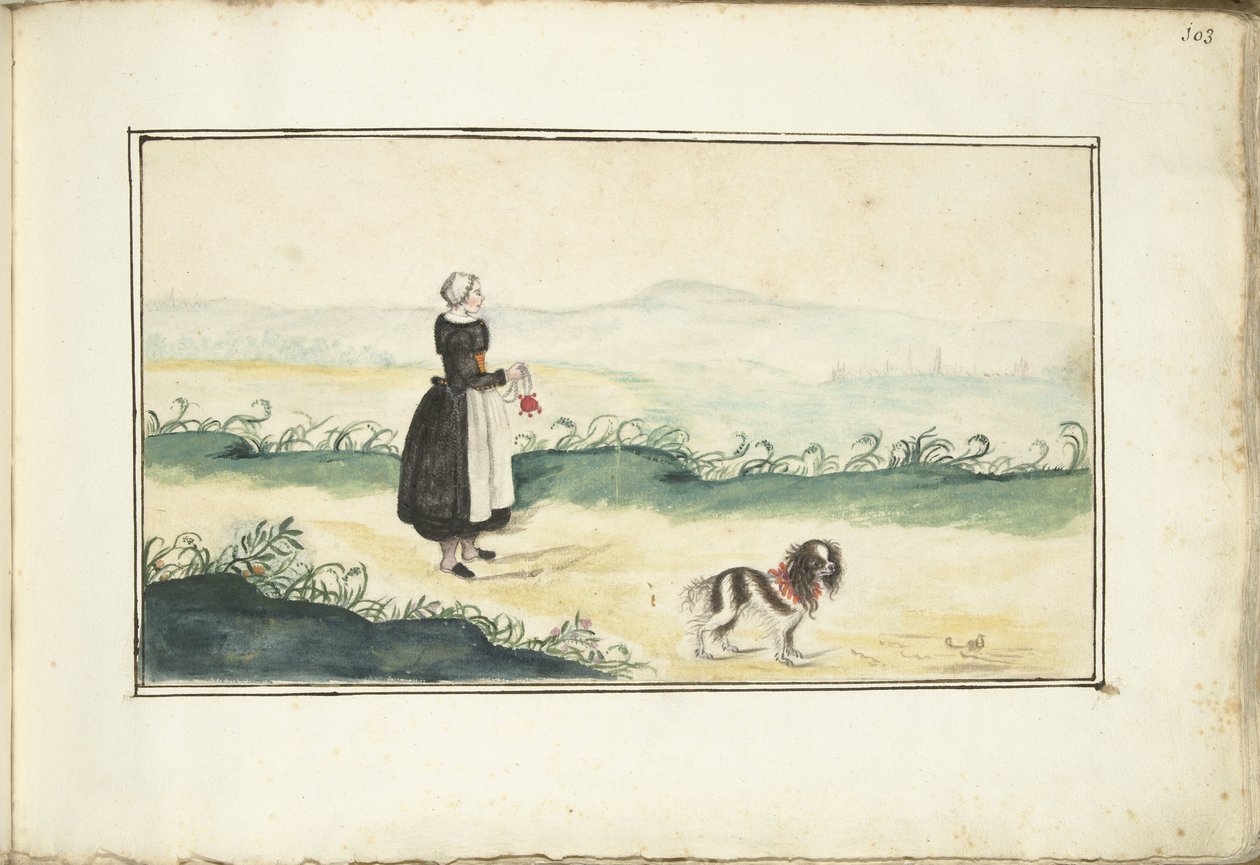 Çiftçi kadın ve köpek bir manzara içinde by Anna Cornelia Moda (possibly)