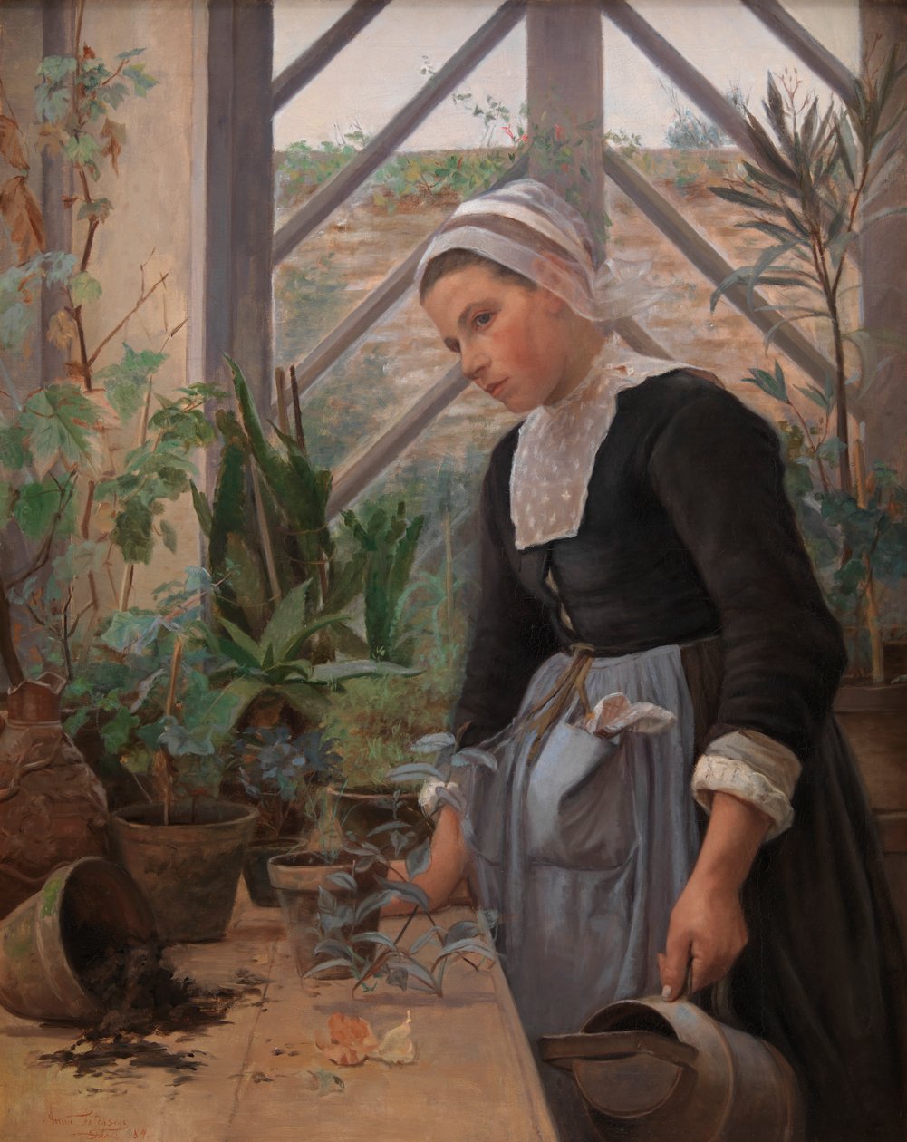 Seradaki Bitkilere Bakan Breton Kız, 1884 by Anna Petersen