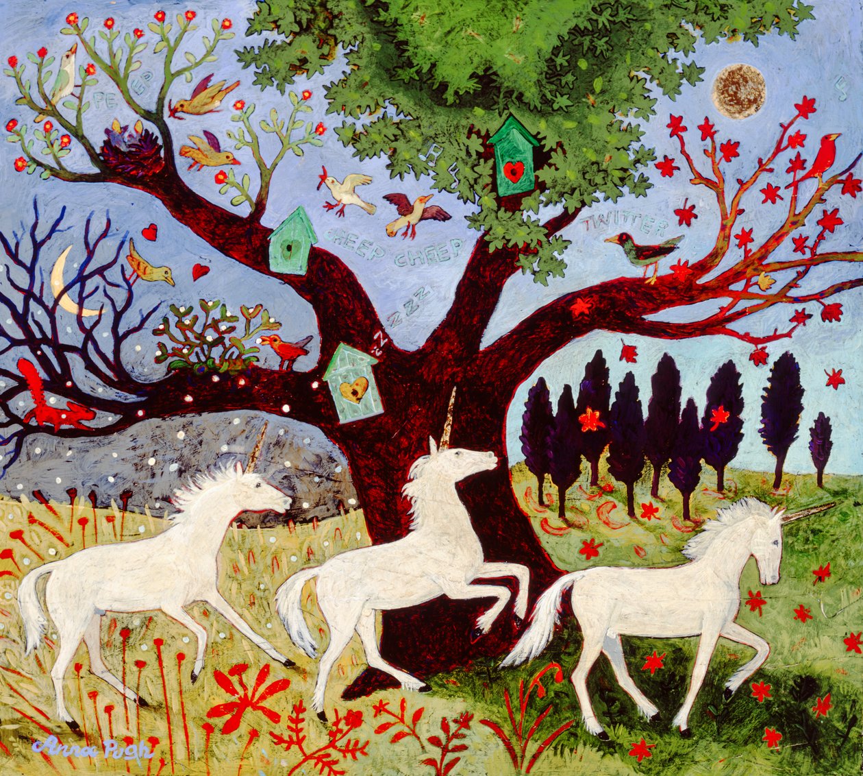 Ağacın yanında 3 tek boynuzlu at by Anna Pugh