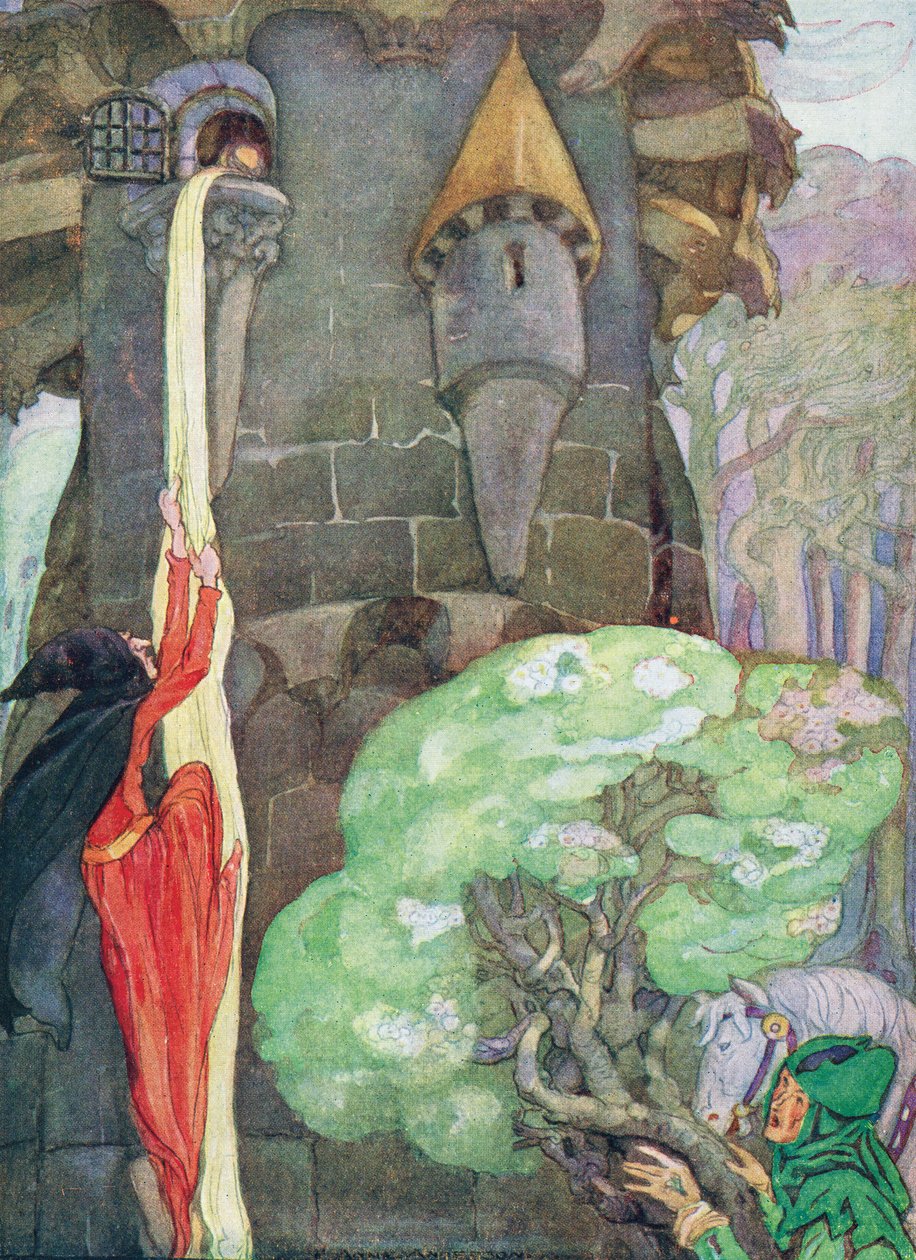 Grimm Kardeşler'in 'Rapunzel'inden bir illüstrasyon by Anne Anderson