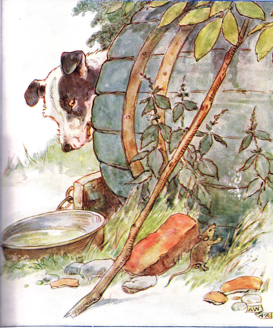 'Bir gün eski Nipper's Kennel'in kenarını kaşıdım', Thomas Nelson und Sons tarafından yayınlanan 'The Mischievious Mousie Book'dan bir örnek, 1920'ler by Anne Anderson